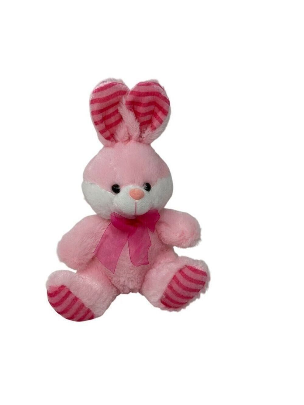Pink Plush Bunny Rabbit Easter Sitting Stuffed Animal 14" Bow Striped Ears Feet